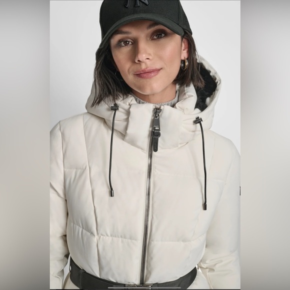 ❄️ NWT DKNY Cream Long Heavyweight Bomber Puffer Parka Down Filled Coat Jacket - Picture 7 of 9